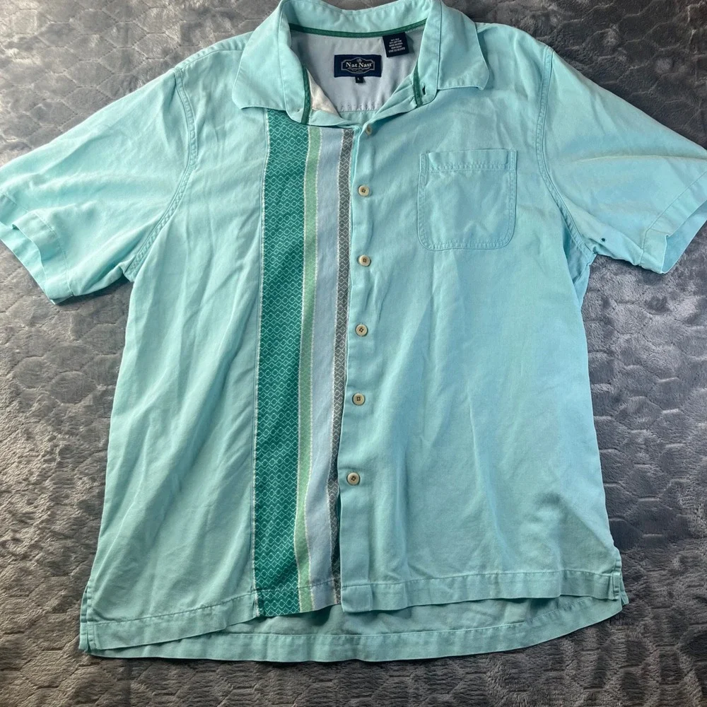 Nat Nast Button Down Shirt Mens L Seafoam Green Silk Cotton Panel Bowling Short
